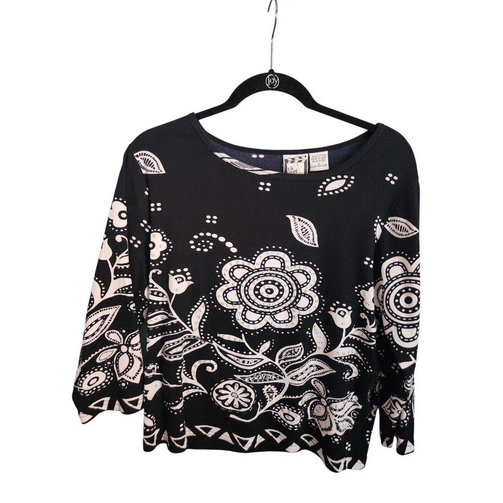 Vintage Black Floral Print Long Sleeve Top‎ Artsy Boho Casual Blouse